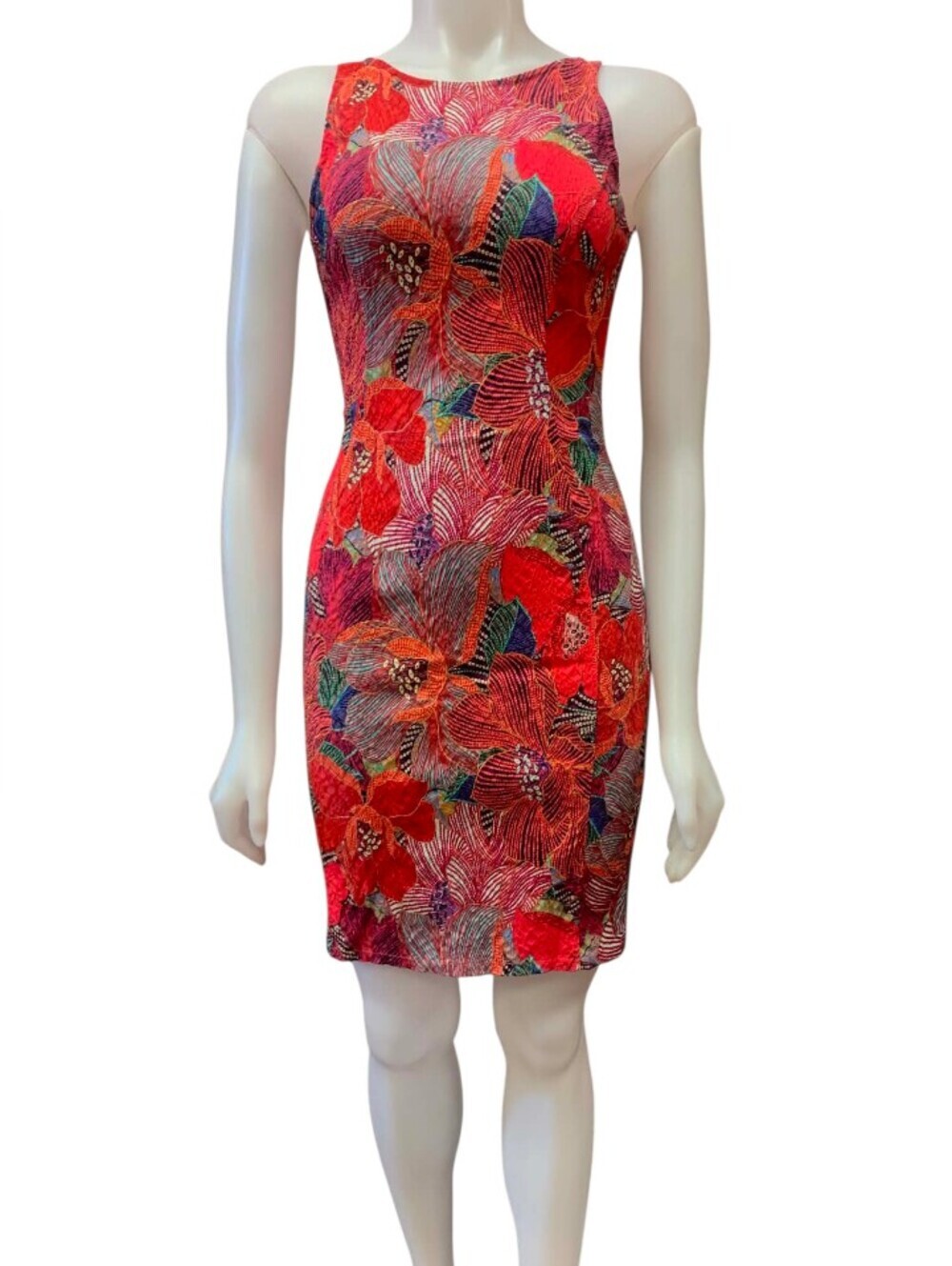 Elena Kattan EUC Red Textured Tropical Floral Print Sheath Dress, Size Small.